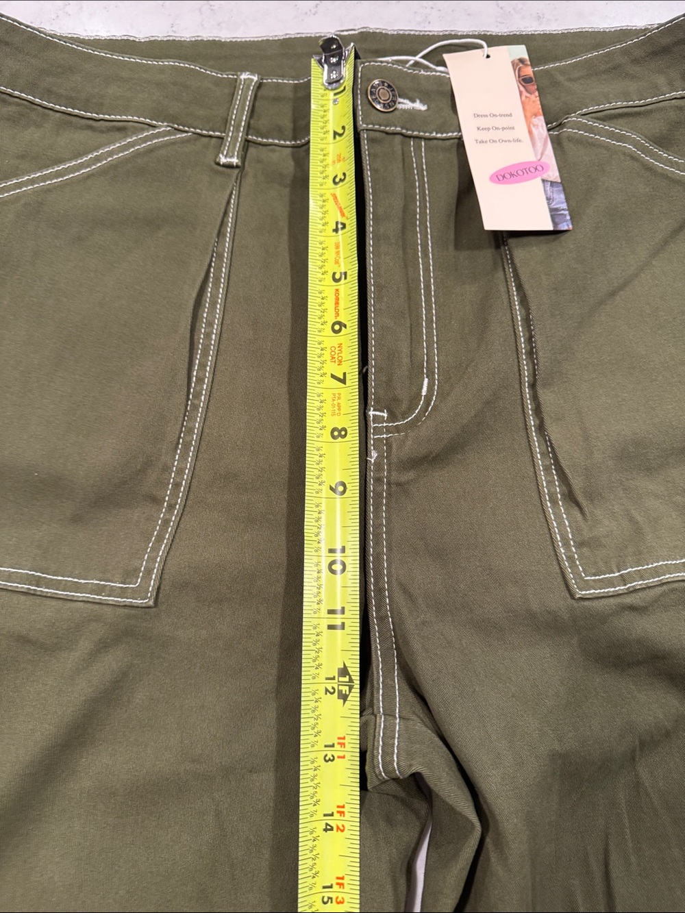 NWT DOKOTOO Sz 14 Olive Carpenter Utility Cargo High Waist White Stitch Stretch - Picture 14 of 16